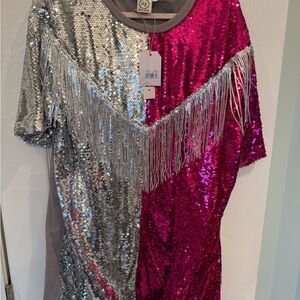 Silver and Pink Sequin Fringe Dress